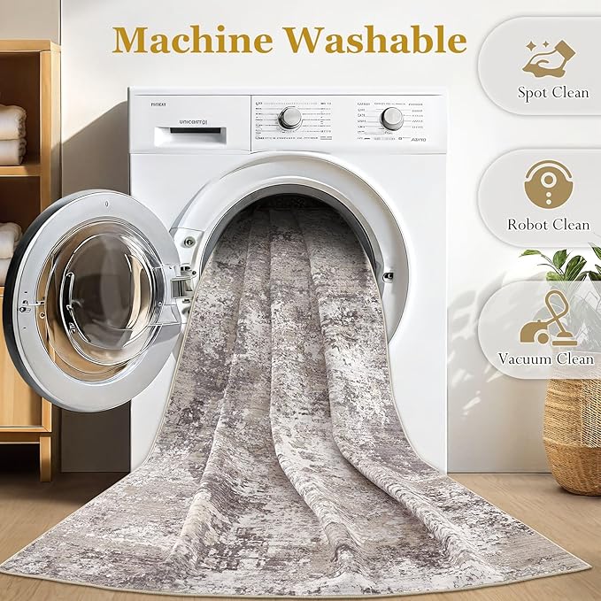 Area Rugs for Living Room: 5x7 Abstract Washable Rug Modern Neutral Large Soft Stain Resistant Non-Slip Backing Machine Table for Bedroom Dining Room Indoor Home Office Carpet - Light Brown