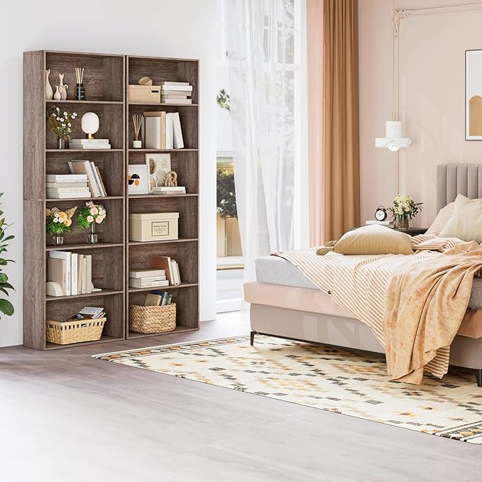 FOTOSOK 6-Tier Open Bookcase and Bookshelf, Freestanding Display Storage Shelves Tall Bookcase for Bedroom, Living Room and Office, Oak