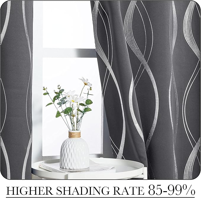 NICETOWN Grey Extra Long Blackout Curtains 120 inches Long 2 Panels Set for Large Window, Foil Printed Wave Lines Energy Saving Thermal Insulated Blackout Draperies for Kids Nursery Boys Bedroom