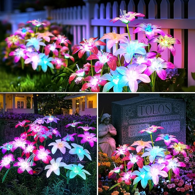 WdtPro 2025 Upgraded Solar Lights Outdoor 6 Pack, Solar Garden Lights with 24 Blooming Lily RGB Light, 7 Color Changing Waterproof Solar Flower Lights for Outside Yard, Patio Decor Gifts