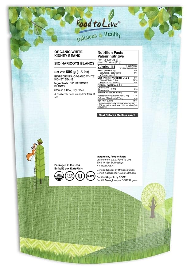 Food to Live Organic White Kidney Beans, 1.5 Pounds Whole Raw Dried Beans, Vegan, Kosher, Bulk. Rich in Dietary Fiber and Protein. Perfect for Soups, Stews, Chili, Paste, Salads and Side Dishes