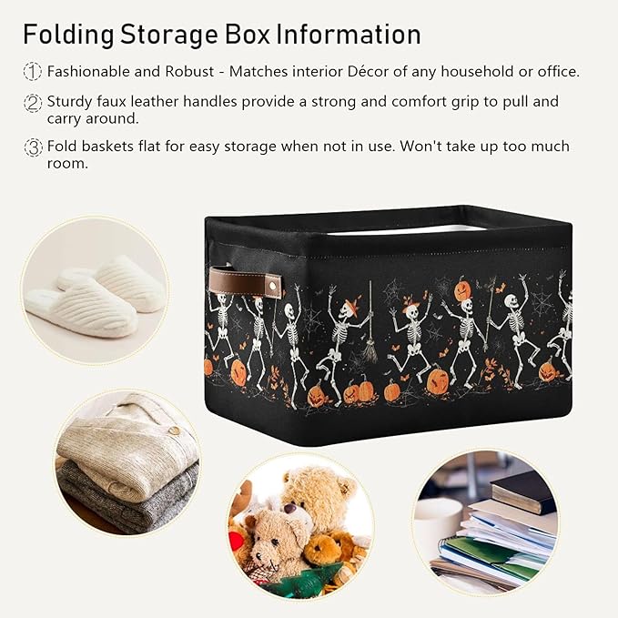 Halloween Skeleton Black Storage Basket with Waterproof Liner and PU Handles Spooky Skull Pumpkin Storage Bins Boxes 14.2" Collapsible Decorative Organizer Baskets for Bedroom Closet Office 1 Pack