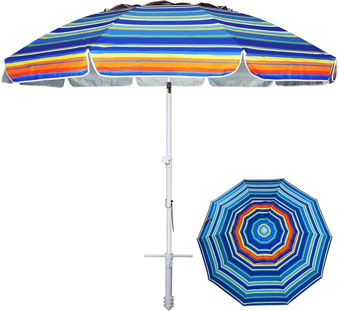 AMMSUN 8 Feet Large Beach Umbrella with Sand Anchor Heavy Duty High Wind Portable Outdoor Umbrellas UV 50+ Protection Air Vent Tilt Patio Garden Pool