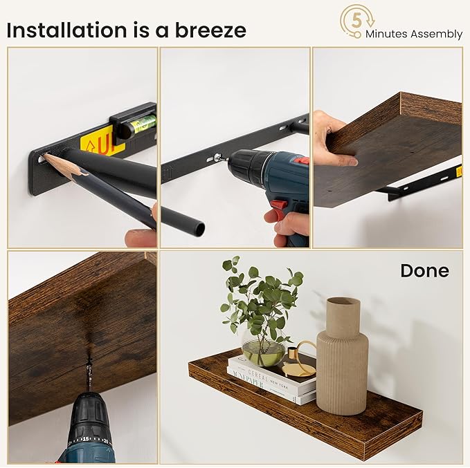 Fun Memories Floating Shelves for Wall, Rustic Wood Wall Mounted Shelves for Bathroom, Bedroom, Living Room and Kitchen, Storage & Home Decor (Set of 3, Brown, 12 in)