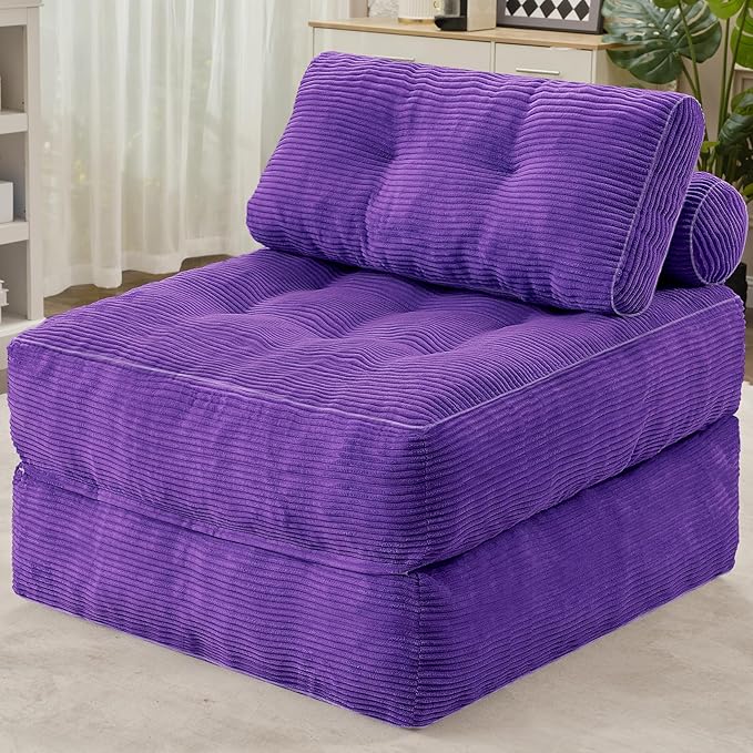 HABUTWAY Folding Sofa Bed, Convertible Sleeper Chair Bed w/Dual-Pillow & Handle, Foldable Floor Sofa Lounge w/Back Support for Living Room, Bedroom, Apartment, Office, Purple