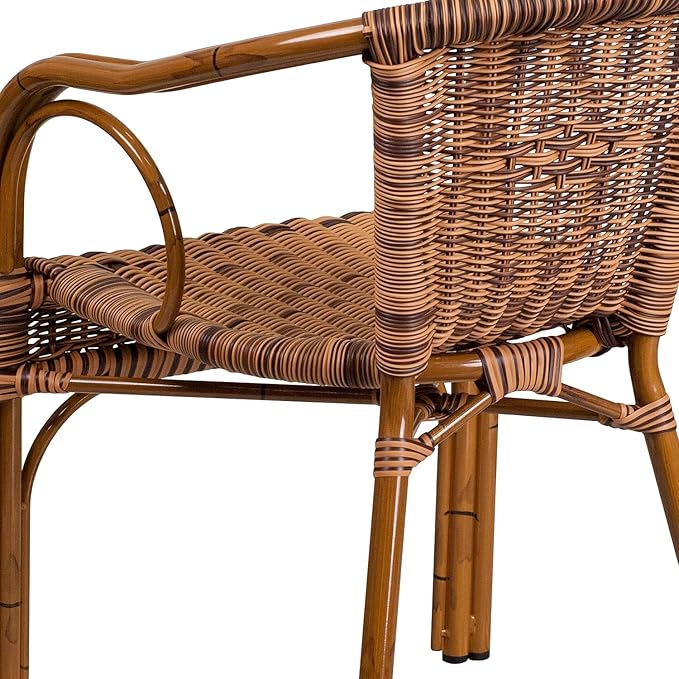 Flash Furniture 3 Pack Cadiz Series Burning Brown Rattan Restaurant Patio Chair with Dark Red Bamboo-Aluminum Frame
