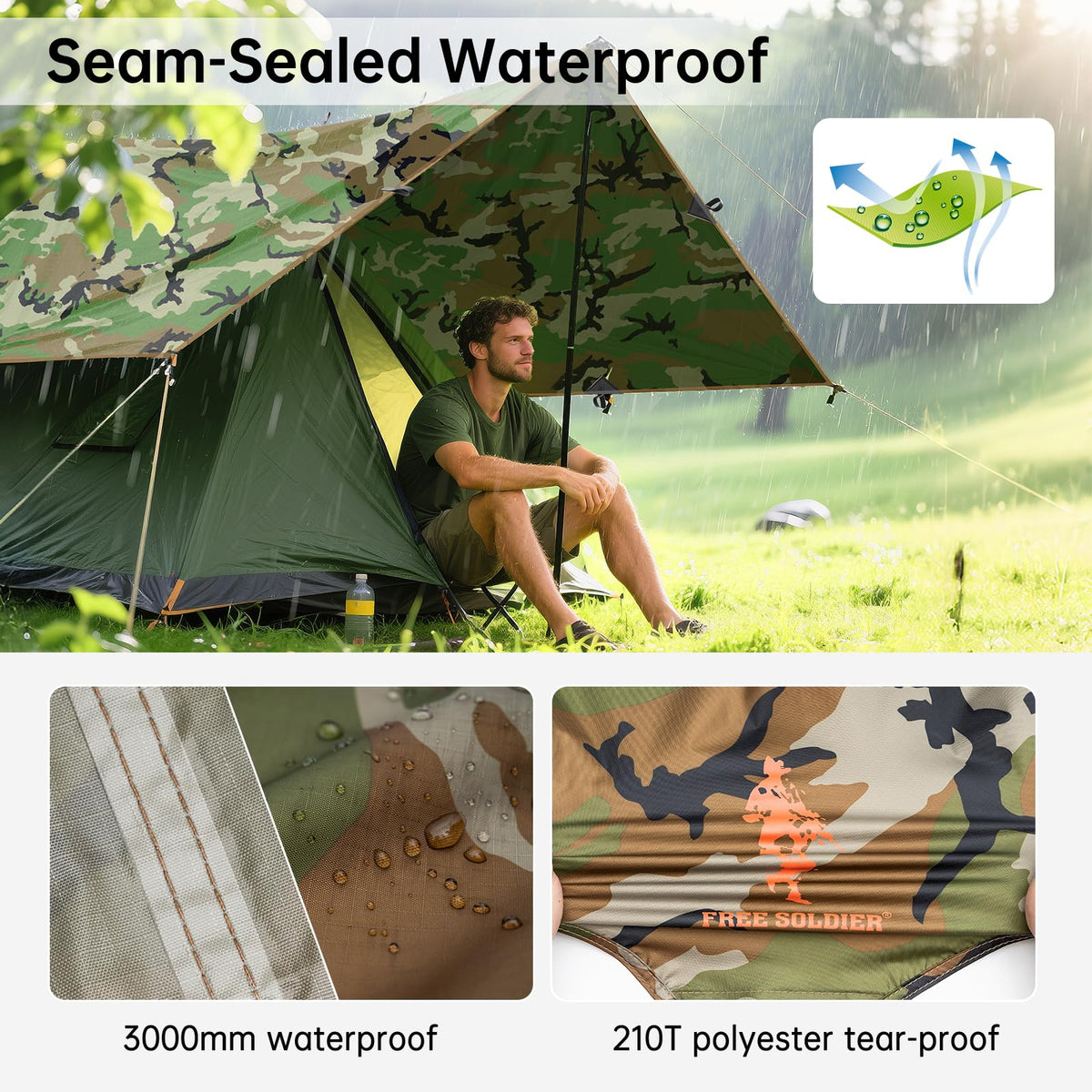 FREE SOLDIER Camping Tarp - 10 x 10.5ft, Waterproof, Camo