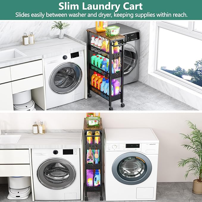 Utility Slim Storage Cart with Wheels, 4 Tier Small Rolling Cart with Wood Top, Metal Kitchen Bathroom Laundry Room Organization Trolley with Handle for Narrow Space – Black