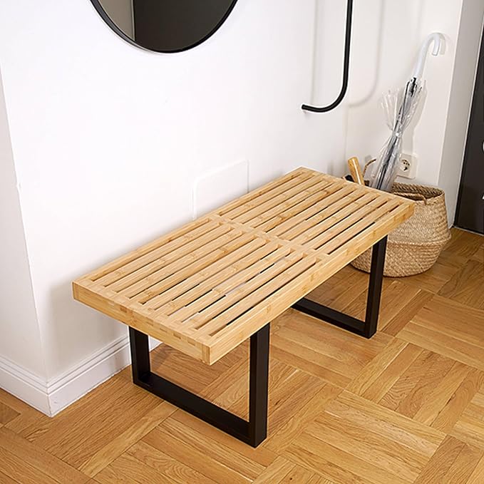 Bamboo Nelson Slat Wooden Bench, Small Wood Benches for Entryway, Living & Dining Room, Kitchen, Bedroom, Bathroom, Hallway, Front Door, For Indoor & Outdoor Patio Use, Mid Century Modern Decor