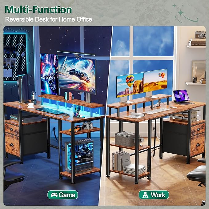 Furologee 61" Computer Desk with Power Outlet and LED Lights, Desk with Fabric File Cabinet Drawer, Large Reversible Table with Shelves and Monitor Stand, Writing Study Table for Home Office