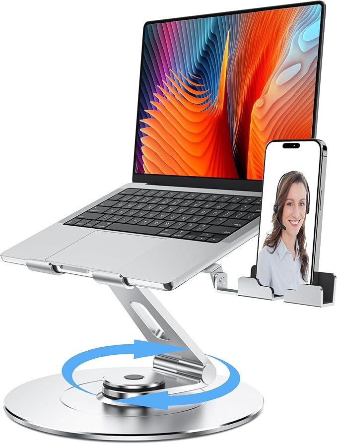 Laptop Stand with Phone Holder, Adjustable Laptop Stand, Aluminum Computer Mount Holder, Ergonomics Laptop Riser for Desk, Fits MacBook, up to 17.3" All Notebooks Silver