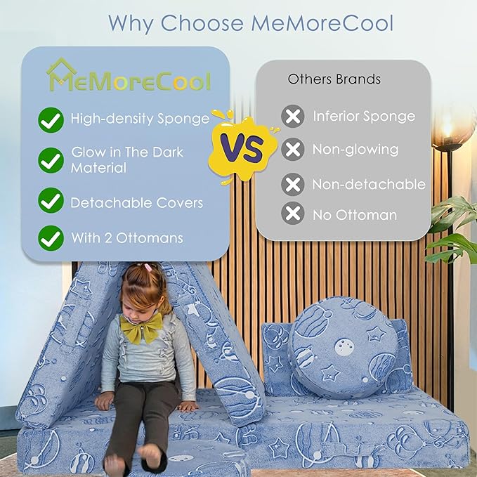 MeMoreCool Modular Glow Sofa for Kids, Space-Themed 8-Piece Convertible Foam Couch Play Set with Celestial Patterns for Toddlers and Playroom
