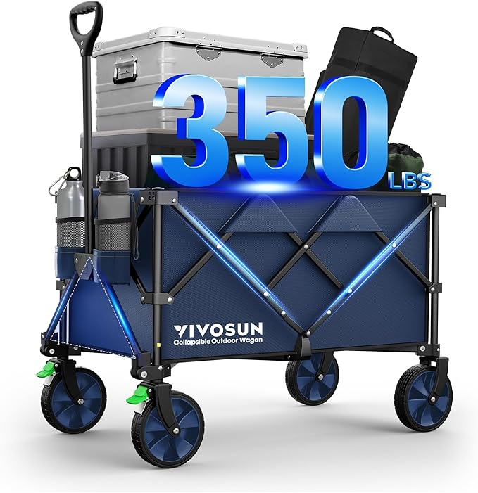 VIVOSUN Collapsible Folding Wagon, 350 lb Load-Bearing Outdoor Utility Cart with Silent Universal Wheels, Cup Holders &Side Pockets, Adjustable Handle, for Camping, Garden, Sports, Picnic, Shopping