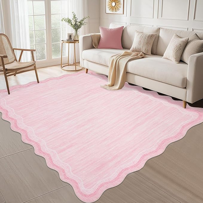 GarveeHome Washable Rugs 8x10 Scallop Living Room Rug Scalloped Rug with Non-Slip Backing, Stain-Resistant Low Pile Easy Cleaning Rugs, Soft Modern Solid Carpet for Bedroom Playroom Nursery, Pink