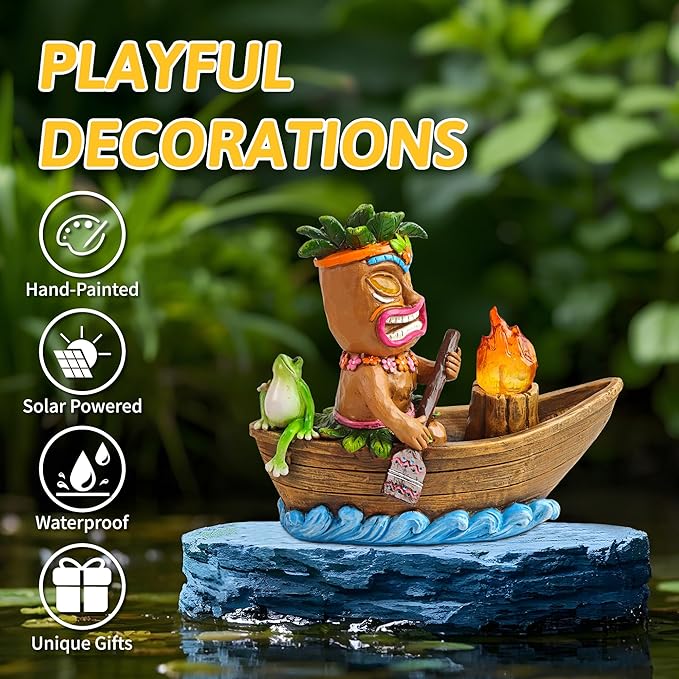 Solar Tiki Outdoor Statues: Funny Tiki Bar Decor with Solar Light Outside Decoration for Lawn Yard Patio Garden Gifts for Housewarming (Boating)