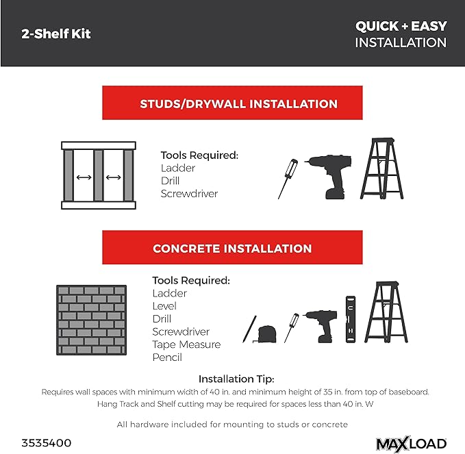 ClosetMaid MaxLoad Heavy Duty Wall Shelf Kit for Garage, 2 Shelves, Adjustable ShelfTrack Wire Shelving, Black Finish
