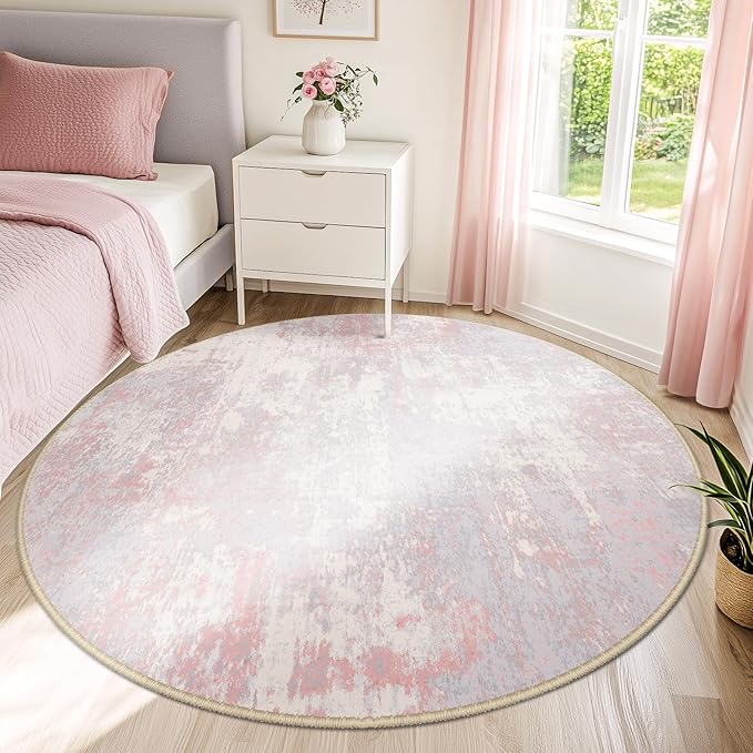 Washable Area Rugs 4ft Non-Slip Modern Abstract Soft for Living Room Entryway Bedroom Nursery, Print Pattern, Grey Pink