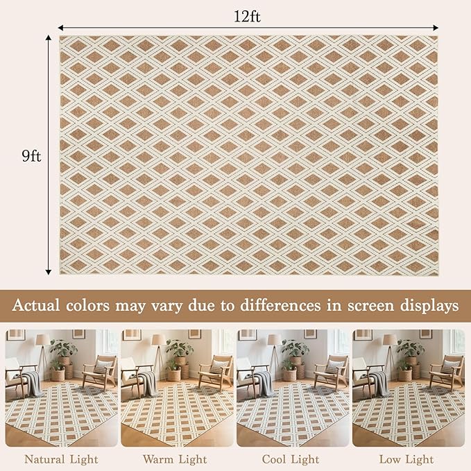 LBRO2M Checkered 9X12 Area Rug for Living Room Washable Rugs for Bedroom Dining Room Non Slip Modern Rugs Easy Clean, Soft, Stain Resistant Carpet Great for Pets and Family (9'X12' Brwon)