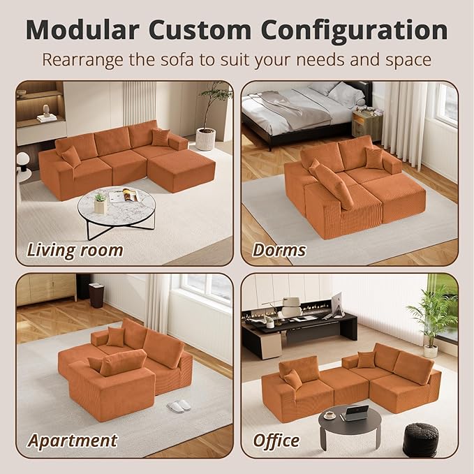 108" L-Shaped Boneless Couch, High Seat Modular Sectional Sofa with Moveable Ottoman, Corduroy Cloud Couches for Living Room, No Assembly, Ship in a Box, Orange