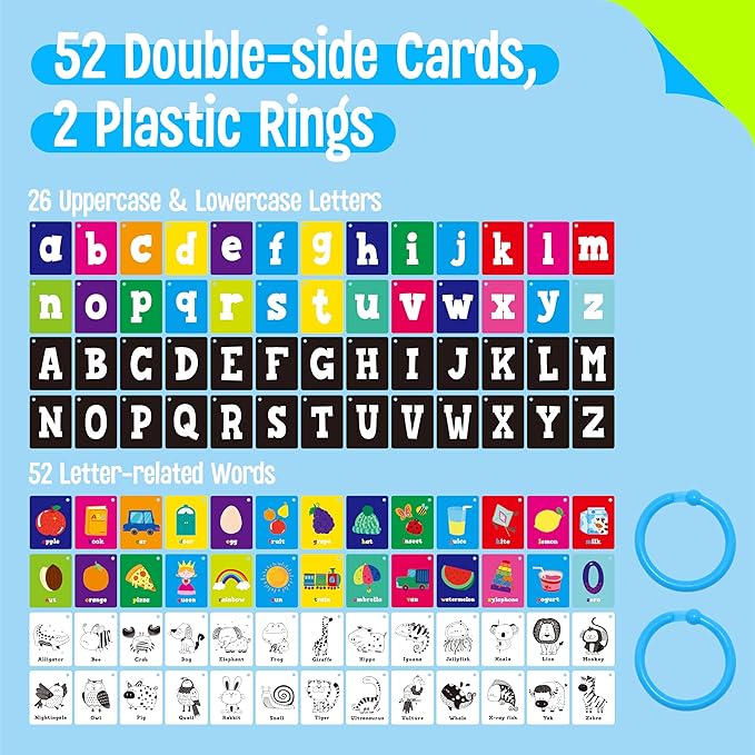 52 PCS Baby Visual Stimulus Cards, Double-Sided High Contrast Black and White, Colorful Alphabet Words Flashcards, Visual Sensory Development Montessori Cards Set for Newborn Baby, Kids, Preschool