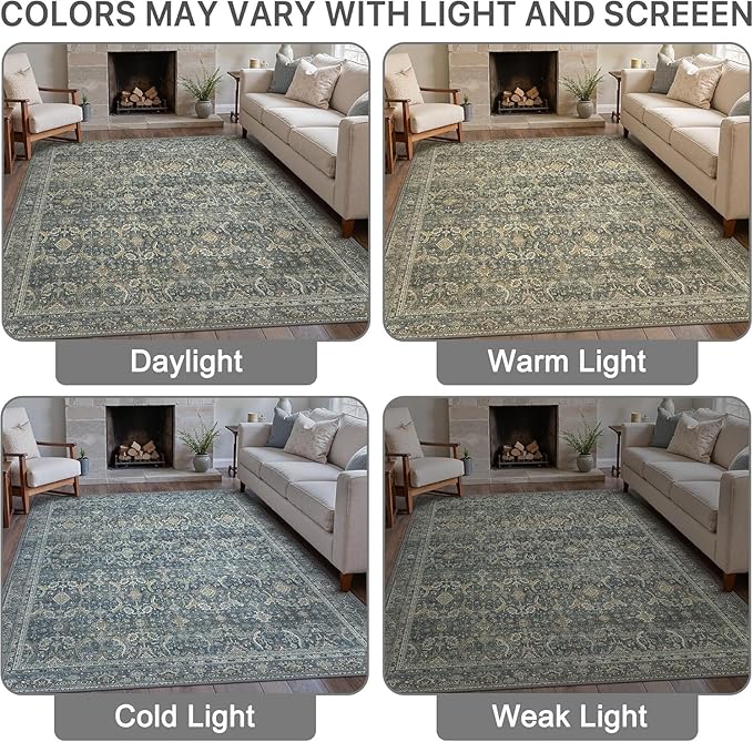 Bavni Washable Rugs 8x10 Area Rug for Living Room Bedroom, Washable Rug Vintage Print Carpet, Low Pile Lightweight Mat with Non Slip Backing,Deep