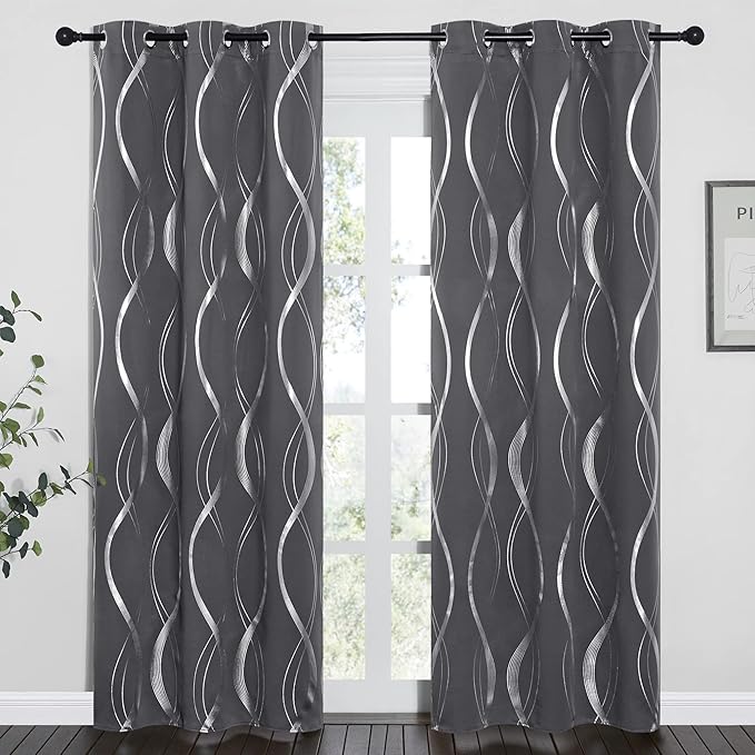 NICETOWN Blackout Curtains Panels for Bedroom, Microfiber Noise Reducing Thermal Insulated Wave Line Foil Print Design Blackout Curtains for Patio Sliding Glass Door (2 Panels, 42 x 84 Inch, Gray)