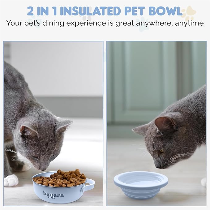 HANARA 2-in-1 Insulated Dog Bowl with Collapsible Lid & Handle ??Stainless Steel, Non-Slip Rubber Base ??Portable Pet Water & Food Bowl for Dogs & Cats ??30 OZ + 20 OZ ??Indoor & Outdoor (Blue)