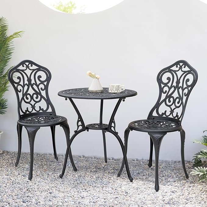 NUU GARDEN 3 Pieces Patio Bistro Set, Round Table with Umbrella Hole, Outdoor Bistro Set with 2 Chairs, All-Weather Outdoor Patio Bistro Set for Garden, Lawn, Poolside, Porch, Black