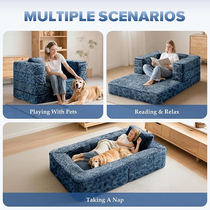 HABUTWAY Convertible Sofa Bed,3-in-1 Folding Futon Sofa Bed with Pillow, Foldable Sleeper Sofa Bed with Removable Cover,Plush Boneless Floor Chair Couch Lounge for Living Room,(Twin,Blue)