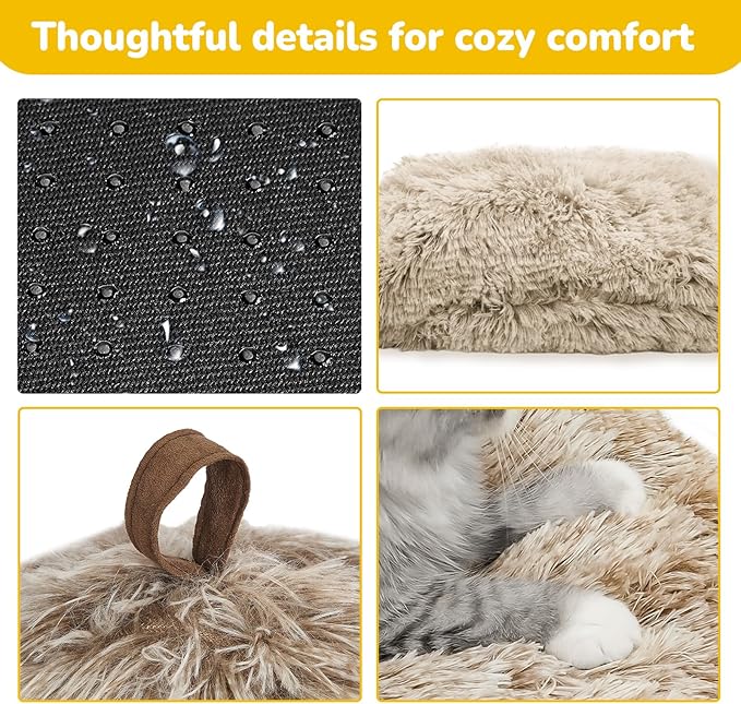 CATISM Cat Bed, Cat Cave for Indoor Cats, Soft Cat Dome, Self-Warming 2 in 1 Foldable Pet Cat House with Washable Cushioned Pillow Calming Fluffy Dog Beds for Small Dogs with Anti-Slip Bottom Brown L