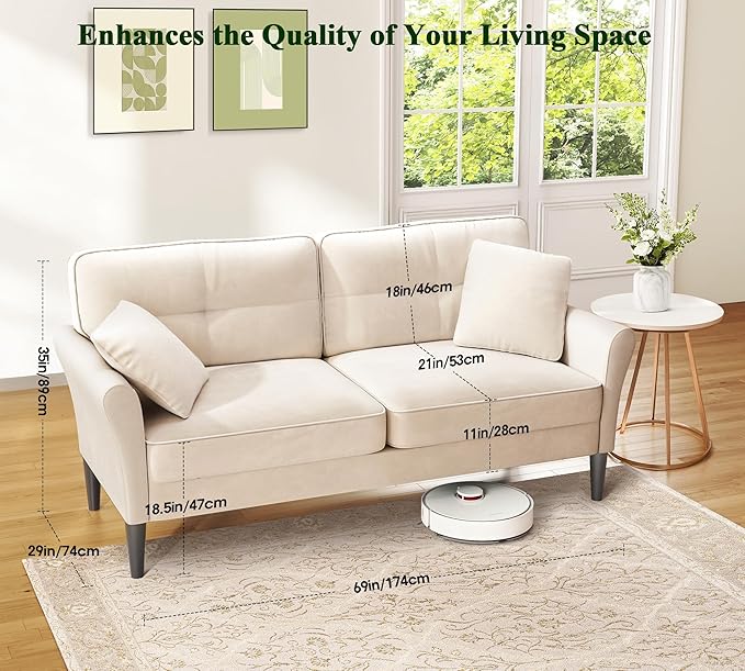 69" Loveseat Sofa, Velvet Small Couches for Small Spaces, Love Seat Couches with 2 Pillows, Tool-Free Setup Loveseats, 700lb Load Sofas for Living Room, Mini Couch for Bedroom, Comfy Sofa Couch, White