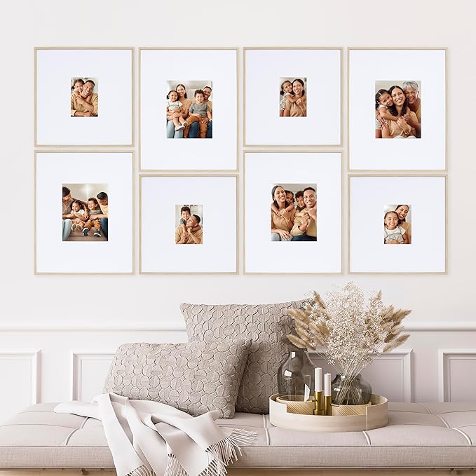 Camden Reed Arcadia 8 Piece Oversized Gallery Wall Frame, 16x20 and 16x16 Inch Matted Frames for Featuring 8x10 and 5x7 Inch Photographs or Art Prints, Natural Finish
