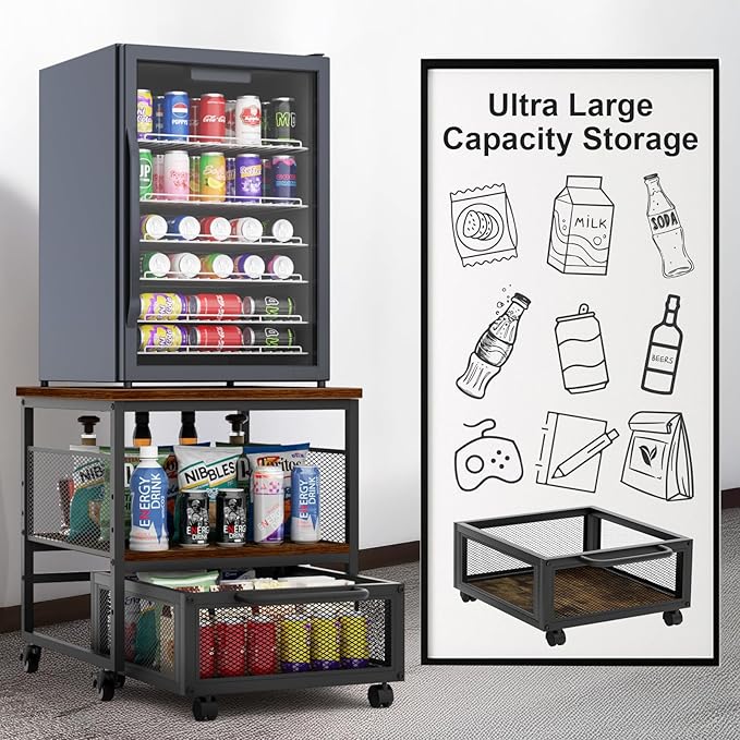 21x21in Mini Fridge Stand with Storage, Heavy Duty Mini Fridge Table with 4 Lockable Wheels for Coffee Bar 220LBS Compact Beverage Refrigerator Stand Cabinet Dorm Fridge Cart for Office Home (Brown)