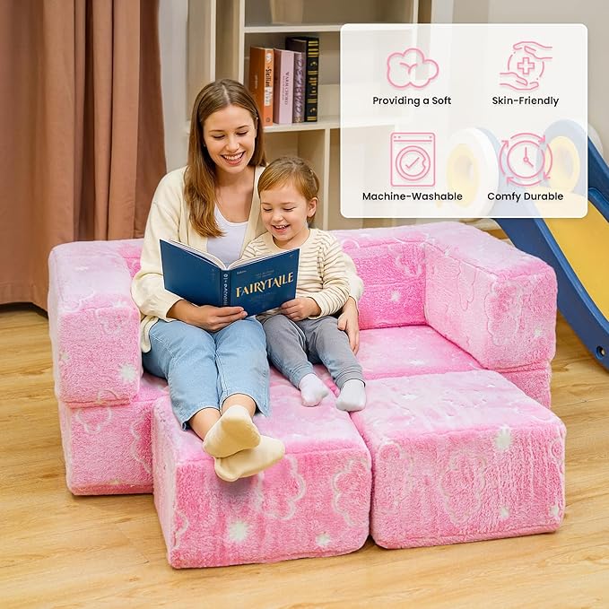 Lamerge Toddler Couch Glow in The Dark Toddler Fold Out Couch for playroom, Convertible Baby Fold Out Play Foam and Floor Cushion for Bedroom (Pink+Clouds)