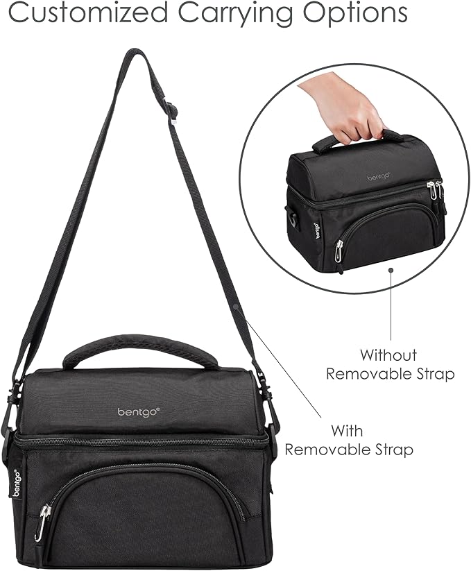 Bentgo® Deluxe Lunch Bag - Durable and Insulated Lunch Tote with Zippered Outer Pocket, Internal Mesh Pocket, Padded & Adjustable Straps, & 2-Way Zippers - Fits Most Lunch Boxes (Carbon Black)
