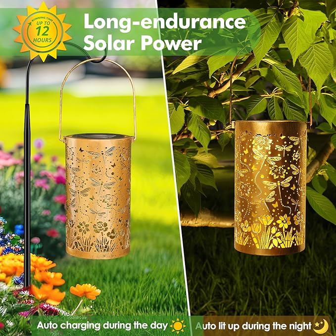 Fabuday Dragonfly Solar Lantern Gift for Women - Daffodils Outdoor Lanterns Waterproof for Patio, Yard, Porch and Pathway, Hanging Outside Garden Decor with Solar Power Lights