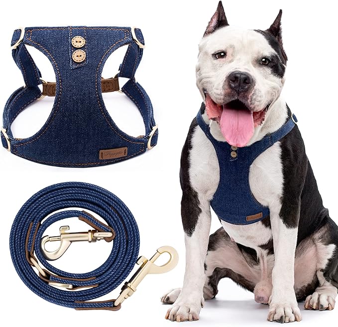 No Pull Dog Harness with Multifunction Dog Leash,Soft Adjustable No Choke Escape Proof Pet Harness Vest for Medium Dogs or Large Dogs,Denim Blue,L