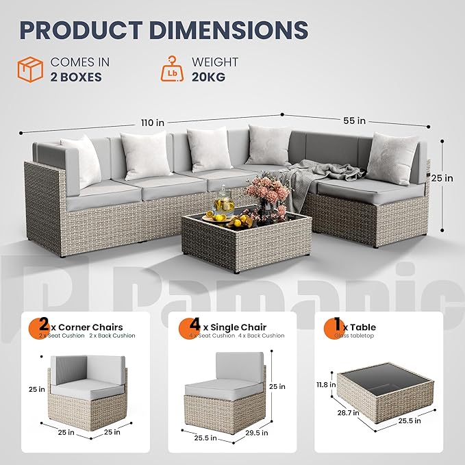 Pamapic 7-Piece Outdoor Sectional Furniture Set, All-Weather Wicker Patio Sofa with Washable Cushions, Gray Waterproof Rattan Conversation Set for Backyard, Poolside, Garden (Gray Cushions)