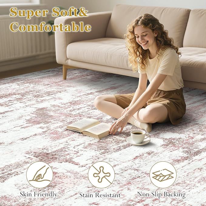 Area Rugs for Living Room: 10x14 Abstract Washable Rug Large Soft Stain Resistant Non-Slip Backing for Bedroom Dining Room Indoor Home Office Carpet for Kids Pet Friendly Families - Pink