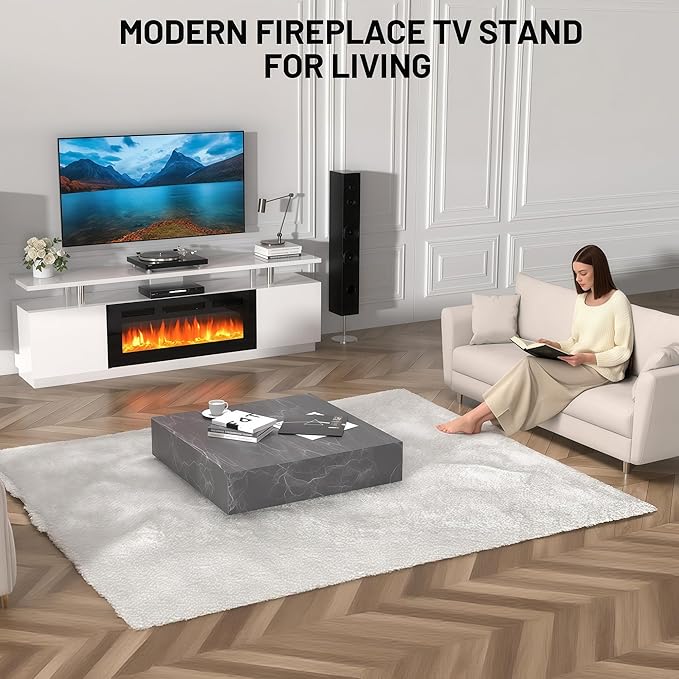 70" Fireplace TV Stand for TVs Up to 80", Entertainment Center with 36inch Fireplace, 12 Flame & LED Colors, 2-Tier TV Console & Storage Cabinet