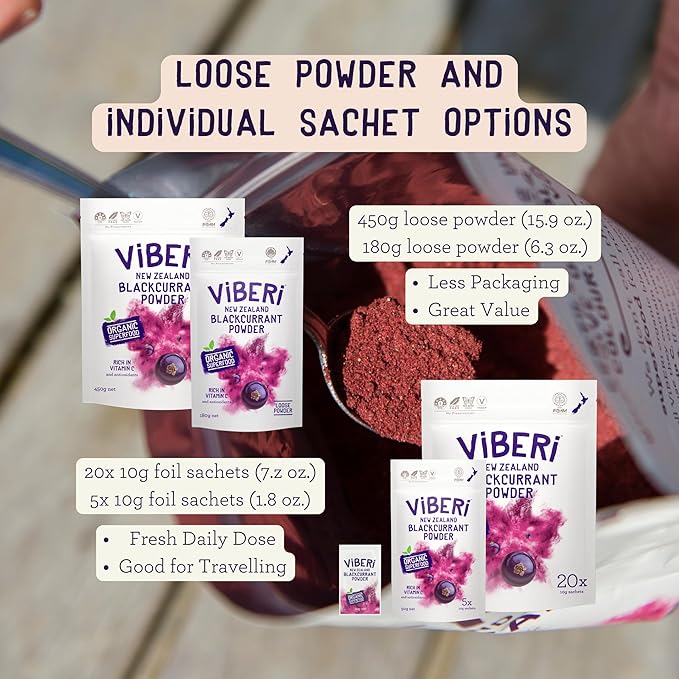 ViBERi Organic Blackcurrant Powder 450g (Loose Powder) | New Zealand Grown Superfruit | Naturally high in Vitamin C and Antioxidants | Ideal for Smoothies & Training Plans