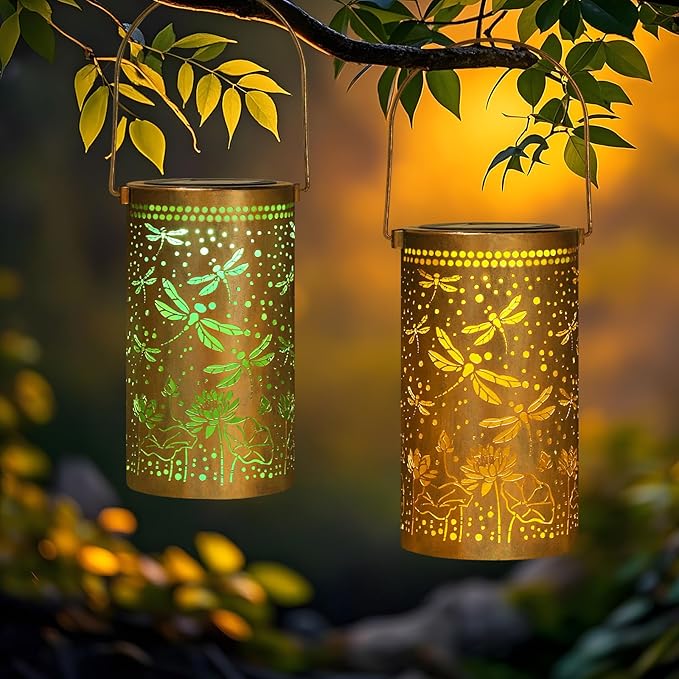 Fabuday Dragonfly Gifts Outdoor Solar Lantern Waterproof - Hanging Solar Power 8 Color Light Led for Outside, Garden Decor for Patio, Porch, Balcony, Yard and Deck, Gardening Gifts for Women 2 Pack