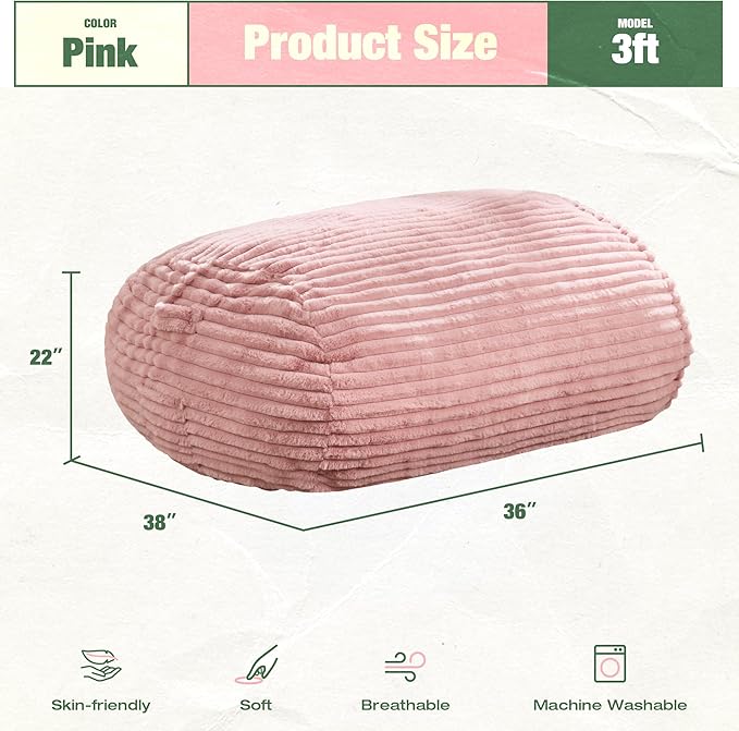 Hobestluk 3FT Bean Bag Chairs Adult Bean Bag with Portable Handle Comfy Large Bean Bag Chair with Removable Cover for Living Room Bedroom or Reading Nook (Stripe Pink, 3FT)