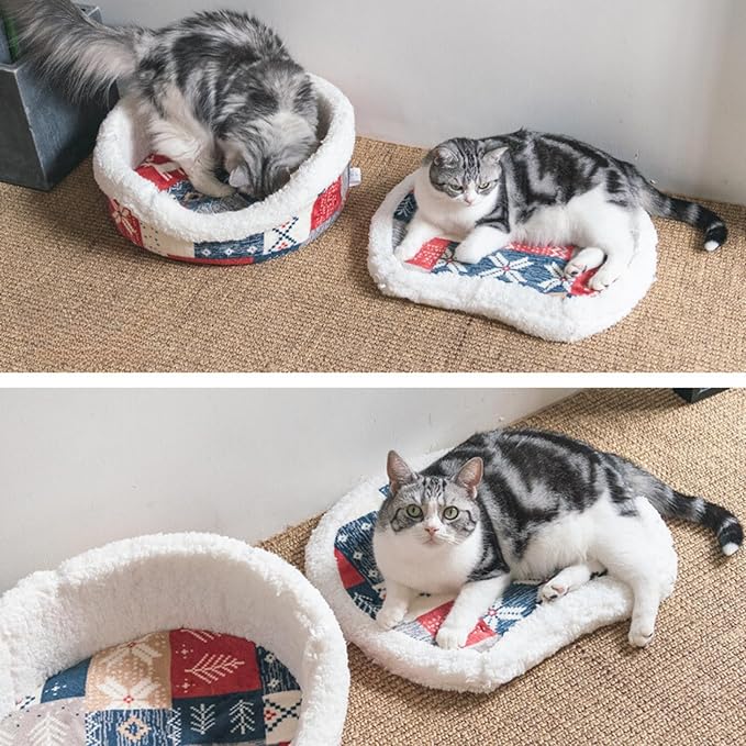 Cat Cave Bed ??Plush, Warm & Calming Hideaway with Detachable Lid & Mat, Covered House for Indoor Kitten & Kitty (Yellow)