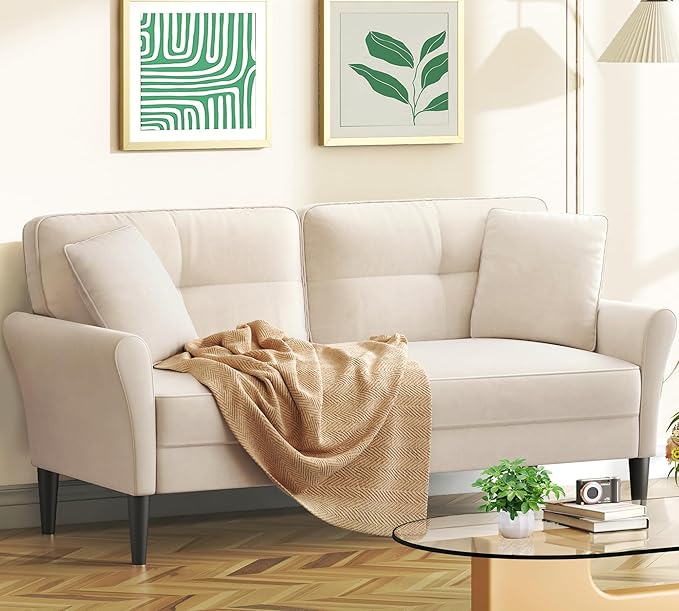 69" Loveseat Sofa, Velvet Small Couches for Small Spaces, Love Seat Couches with 2 Pillows, Tool-Free Setup Loveseats, 700lb Load Sofas for Living Room, Mini Couch for Bedroom, Comfy Sofa Couch, White