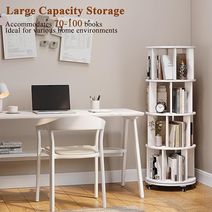4 Tier Rotating Bookshelf Tower, 360 Spinning Bookcase Carousel with Lockable Wheels, Round Lazy Susan Organizer for Corner Bookshelf, Solid Wood Revolving Bookcase for Kids Room, Bedroom, Living Room