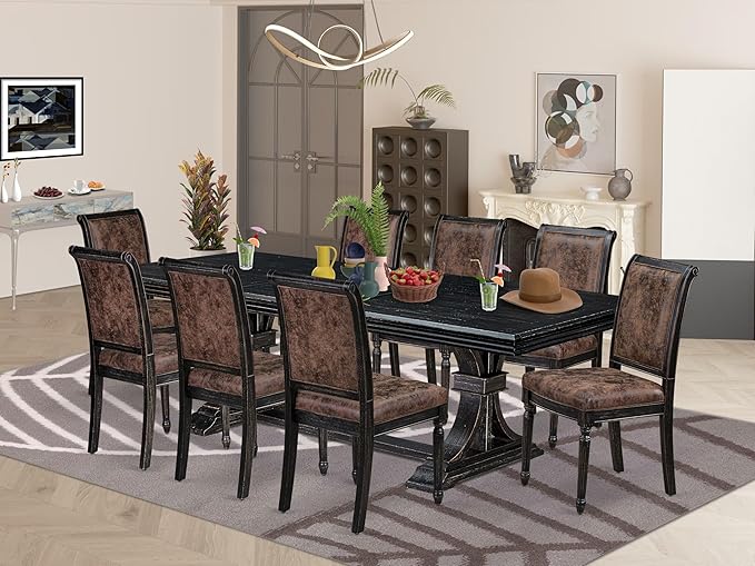 NKCY9-SBB-33 9-Piece Kitchen Table Set Includes a Dining Table and 8 Brown Textured Polyester Fabric Dinner Chairs with High Back, 44x100 Inch, Sand Blasting Black