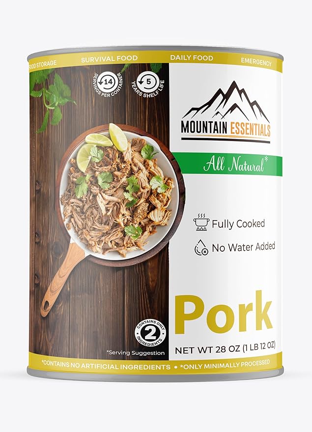 MOUNTAIN ESSENTIALS Canned Pork 28 Oz – Fully Cooked, Ready to Eat – Pantry Staple Canned Meat for Everyday Meals, Emergency Survival & Bulk Food Storage – 5-Year Shelf Life – Made in USA – 12 Pack