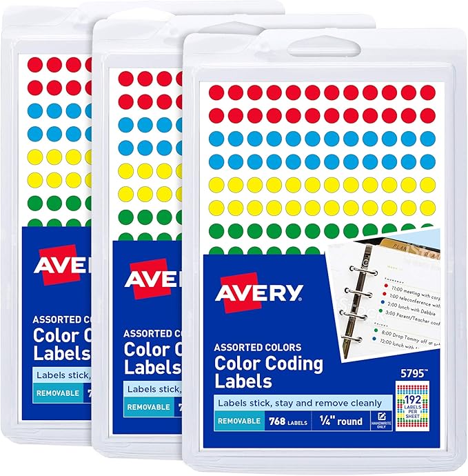 Avery Color-Coding Removable Labels, 1/4 Inch Round Labels, Assorted Colors, Non-Printable, 3 Packs, 2,304 Dot Stickers Total (5641)
