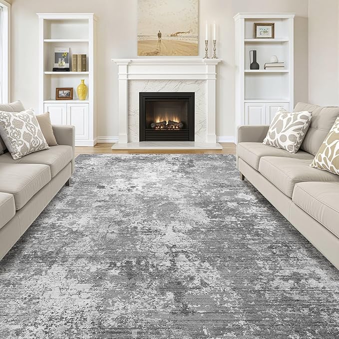 Area Rugs for Living Room: 6x9 Abstract Washable Rug Modern Neutral Large Soft Stain Resistant Non-Slip Backing Machine Table for Bedroom Dining Room Indoor Home Office Carpet - Light Grey